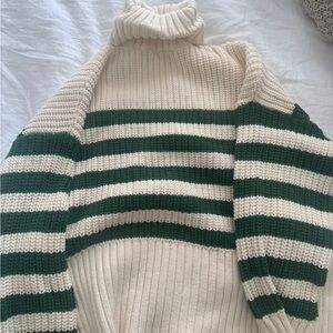 Madewell Striped Cream and Green Turtleneck Sweater